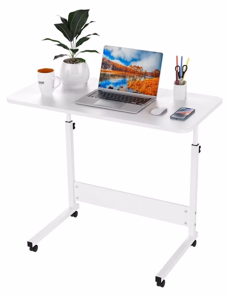 Tavolo per laptop con rotelle, dimensioni 80x40 cm, altezza regolabile da 69 a 90 cm, piano girevole, colore bianco