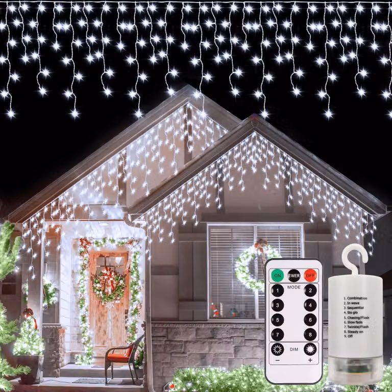 Catena luminosa effetto neve, 6 metri, 300 LED, luce bianca fredda, alimentazione a batteria, grado di protezione IP54