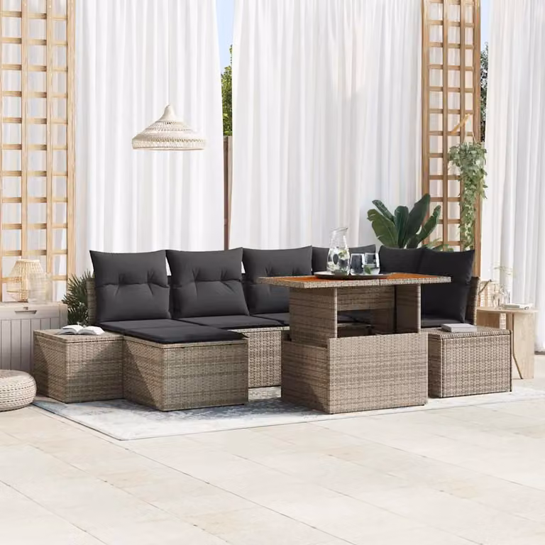 Set Divano da Giardino vidaXL 7 Pezzi Grigio in Poly Rattan con Cuscini e Tavolino