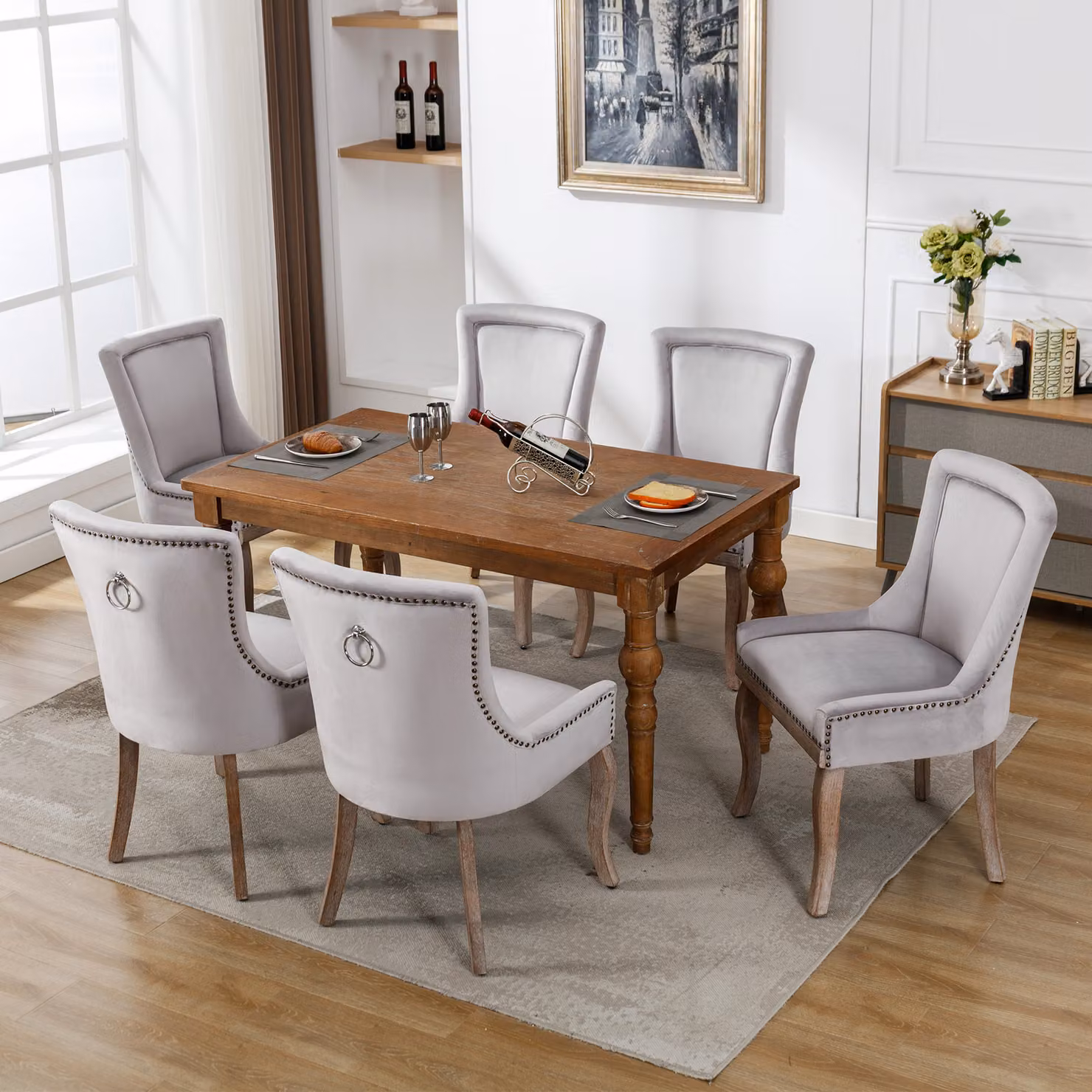 Set di 6 sedie da sala da pranzo Flieks, sedie da cucina imbottite con gambe in legno massiccio, sedia da sala da pranzo con rivestimento in velluto, grigio