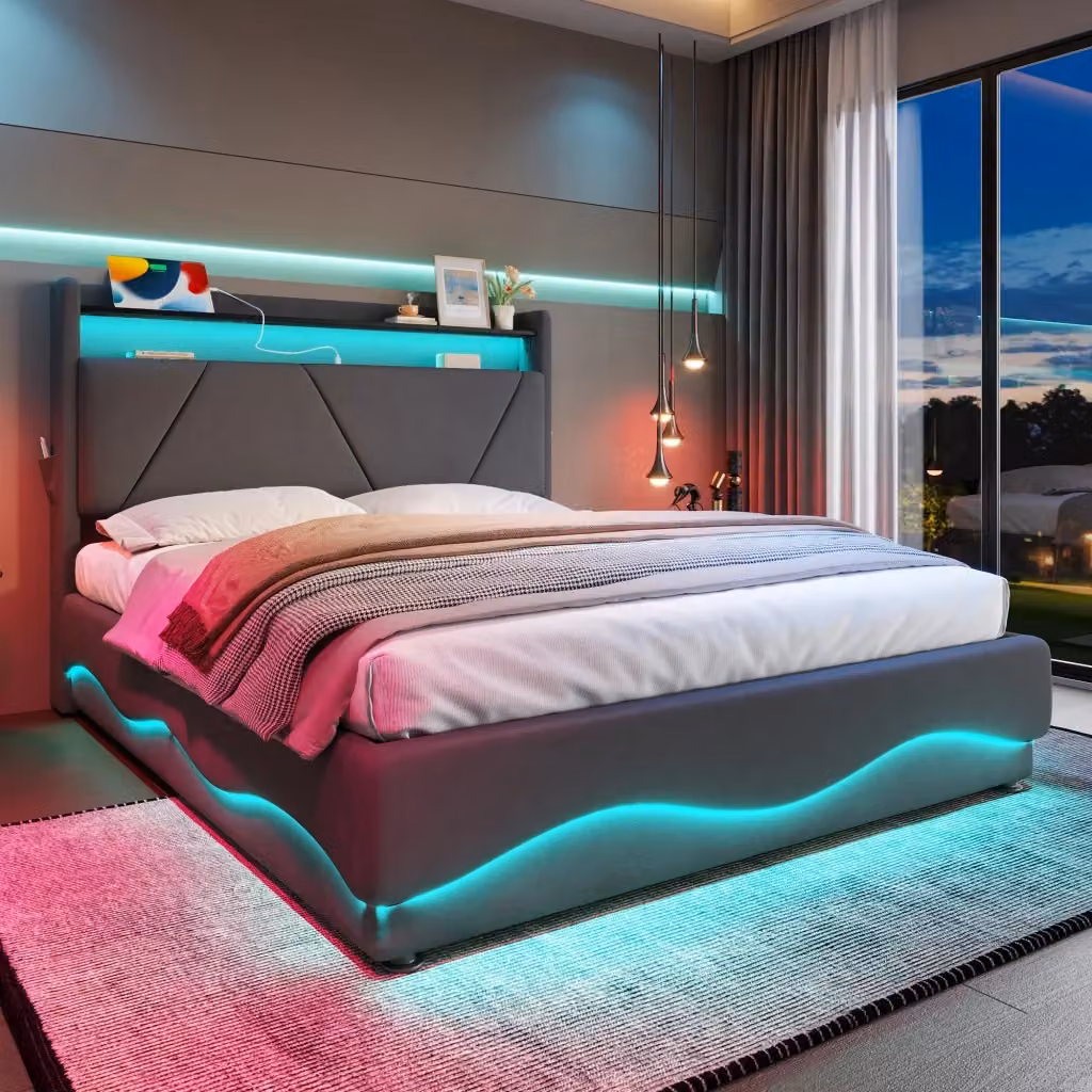 Letto imbottito REDOM in velluto grigio con illuminazione LED, porte USB/Type-C e contenitore con base a sollevamento, L/P: 160 x 200 cm – 2