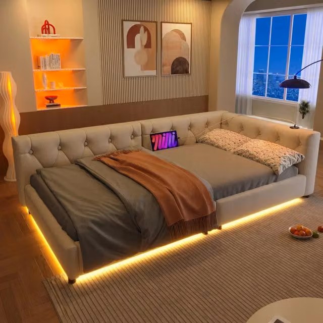 Divano letto 90x200 - Xylo - Beige con RGB e USB-C