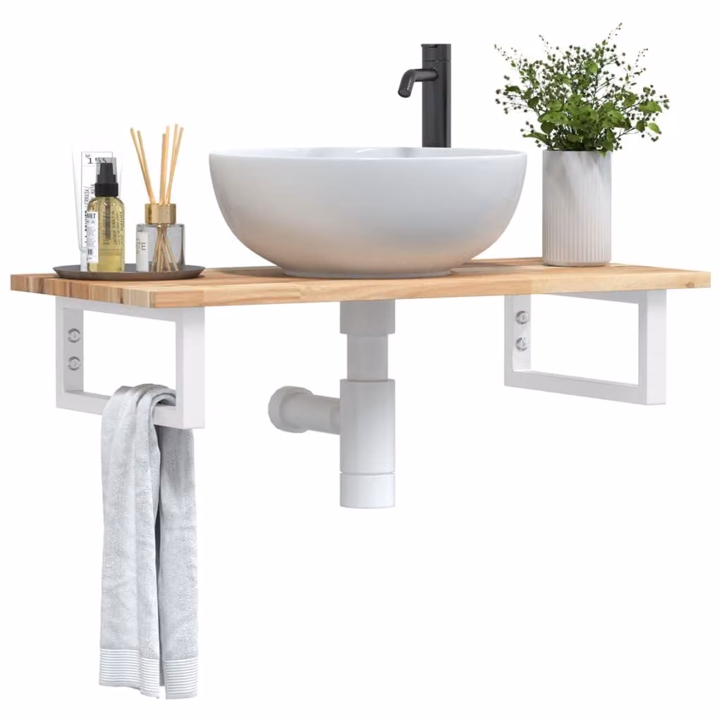 vidaXL Ripiano a Parete per Lavabo in Acciaio e Legno di Acacia, Bianco e Marrone, L: 40 cm, P: 17 cm, H: 40 cm