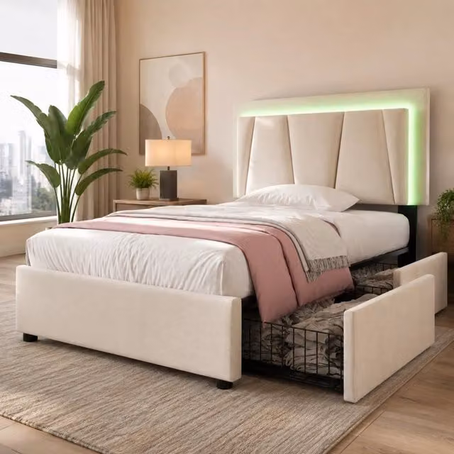 Letto singolo imbottito 90x200 cm beige con LED, testiera regolabile e 2 cassetti