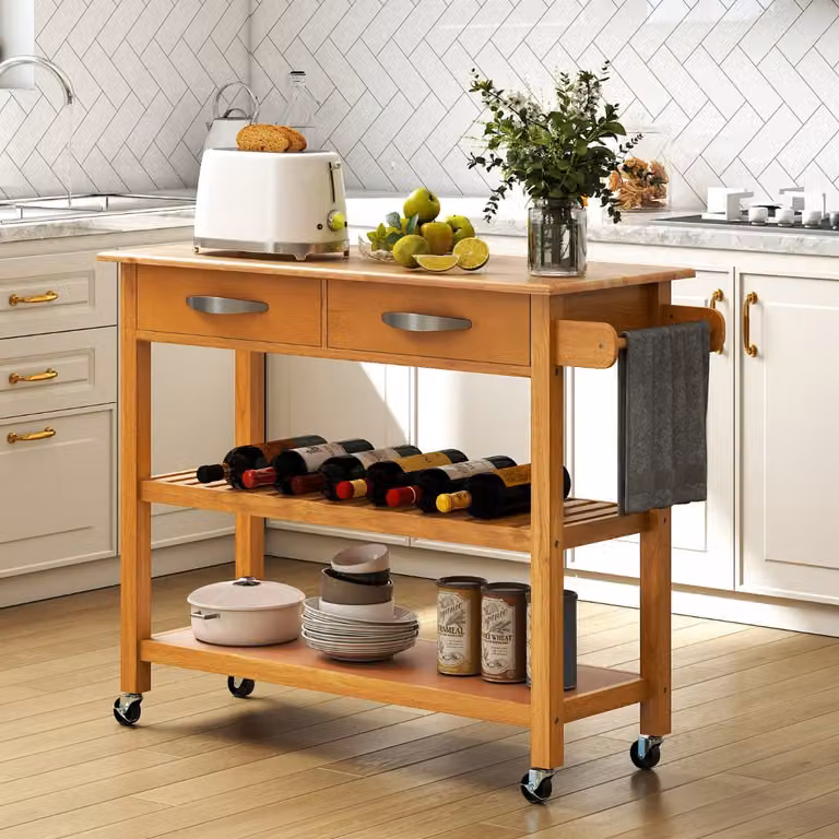 Carrello portautensili Costway con piano in legno e 2 ripiani aperti, Isola da cucina moderna marrone con ruote