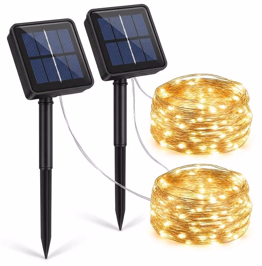 Set di 2 catene luminose solari, lunghezza 12 metri, 100 LED, luce bianco caldo, grado di protezione IP65