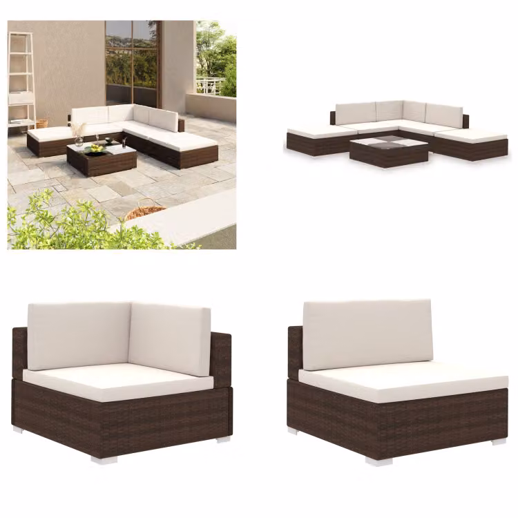 vidaXL Set da salotto da giardino 6 pezzi con cuscini in poly rattan marrone - Set di mobili da giardino - Set di mobili da giardino - Tavolo da giardino - Tavoli da giardino