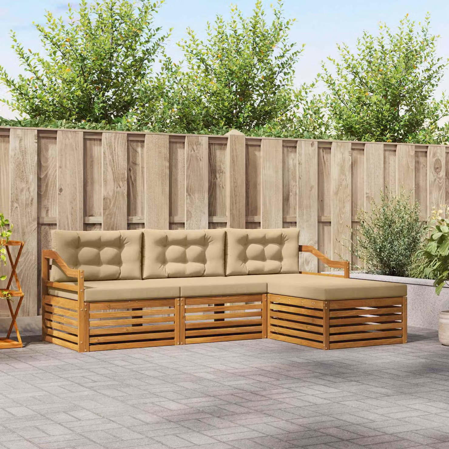 Set di divani da esterno vidaXL a forma di L in legno di acacia con pouf e cuscini, Beige