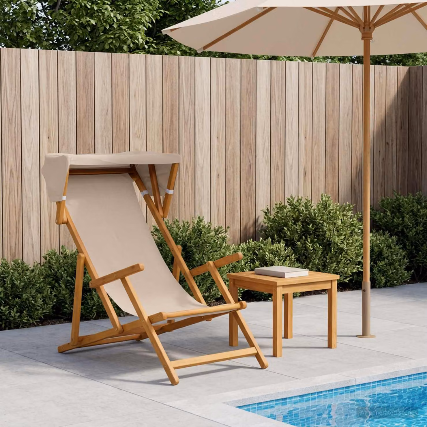 vidaXL Lettino da esterno in legno di eucalipto massello con tendalino e poggiatesta regolabile, beige