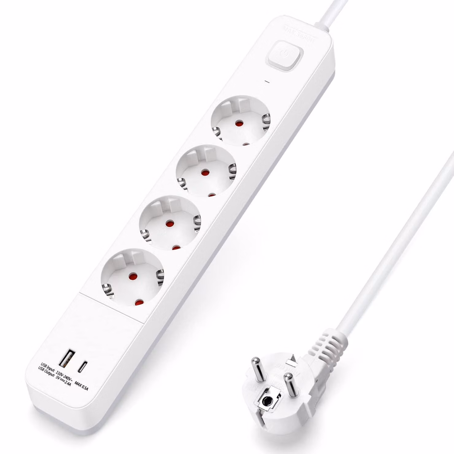 Ciabatta multipresa Aigostar con 4 prese e interruttore, dotata di 1 porta USB-A e 1 porta USB-C (5V/2.4A), con cavo di 3 metri. Dimensioni: 4 prese con 2 porte USB, cavo di 3 metri