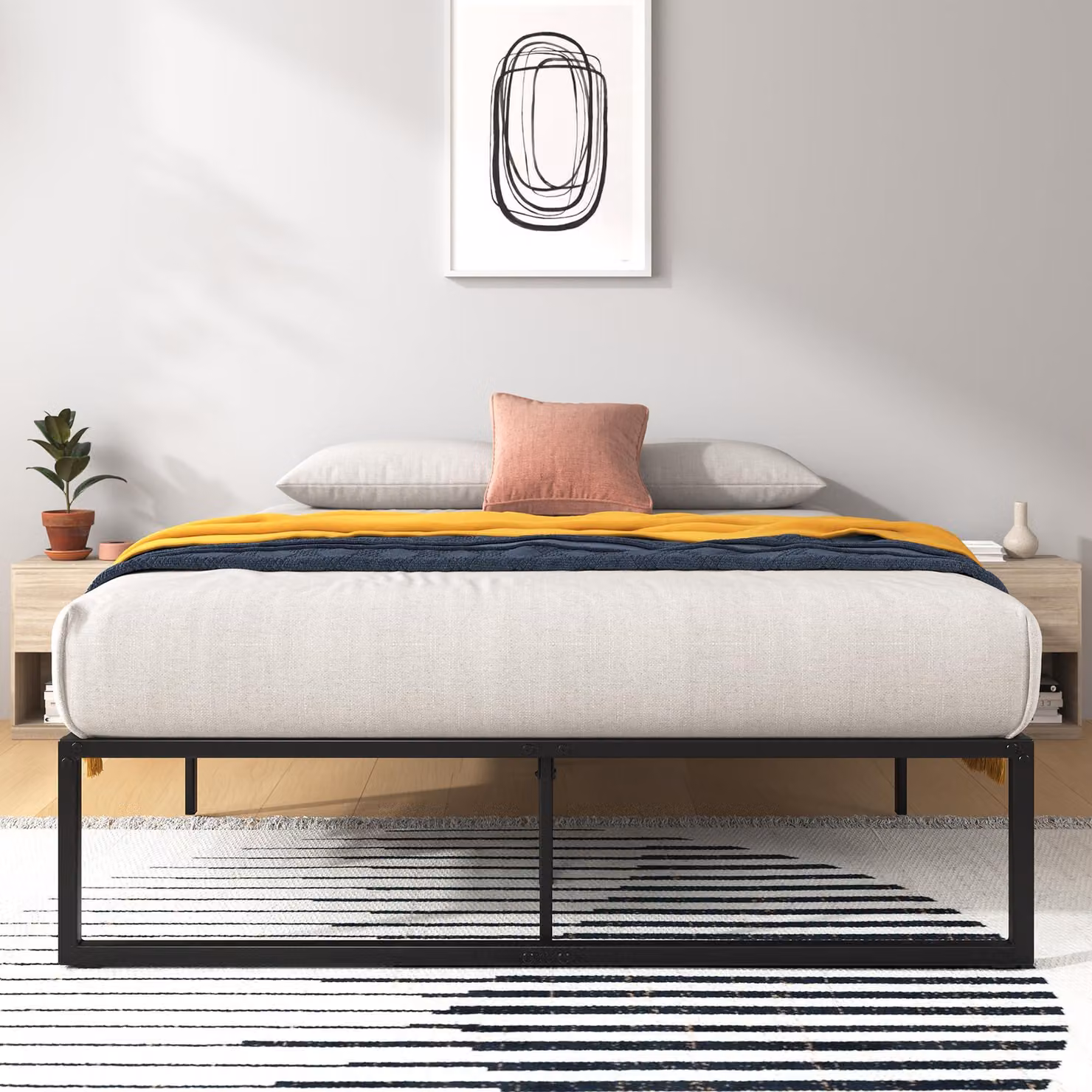 Letto in metallo 140x200 cm, altezza 36 cm, con spazio contenitore, struttura per letto a piattaforma