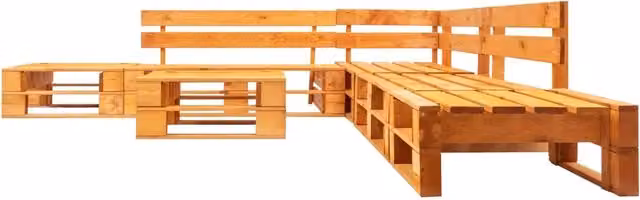 Set di divani da giardino vidaXL in legno di pino marrone con cuscini, composto da 6 pezzi con elemento angolare, tavolino da caffè e pouf