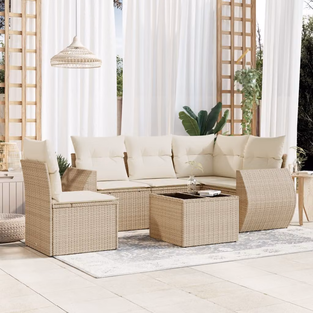 vidaXL Set Divano da Giardino a L 6 pz con Cuscini Beige e Tavolino in Metallo e Polyrattan
