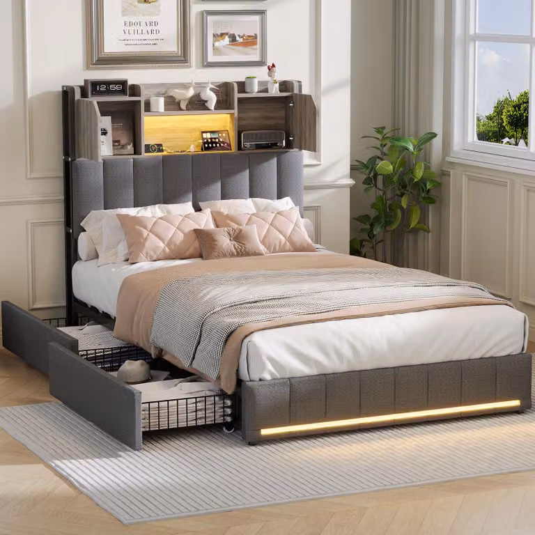 Letto imbottito ProximaX 90×200 cm - Con contenitore nella testata e 2 cassetti - Luce ambiente RGB e funzione di ricarica USB - Ideale per camere da letto o camerette dei bambini, grigio