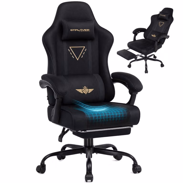Sedia da gaming GTPLAYER, ergonomica, con rivestimento in tessuto, cuscino imbottito a molle, braccioli regolabili e poggiapiedi, capacità di carico fino a 150 kg