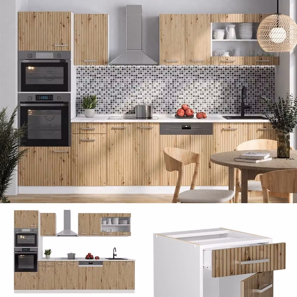 Cucina componibile moderna R-Line Vicco in rovere e bianco con armadio alto e piano in marmo, L: 300 cm – 2