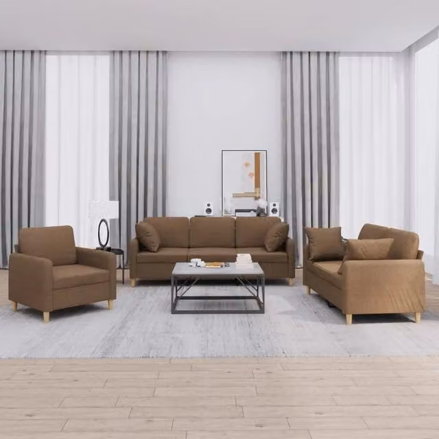Set di divani 3 pezzi vidaXL in tessuto marrone con cuscini per soggiorno in stile moderno – 1