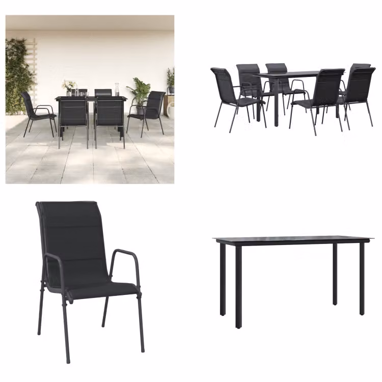 vidaXL set da pranzo da giardino 7 pezzi acciaio nero e textilene - set da pranzo da giardino - gruppo di sedute da giardino - gruppo di sedute da esterno - tavolo da giardino
