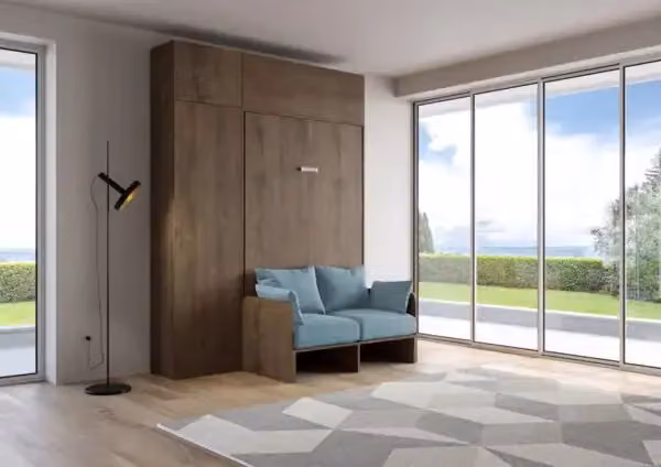 Letto a scomparsa una piazza e mezzo Kentaro Itamoby con divano e mobili, colore noce e azzurro, L/P/H: 120 x 190 x 215 cm – 2