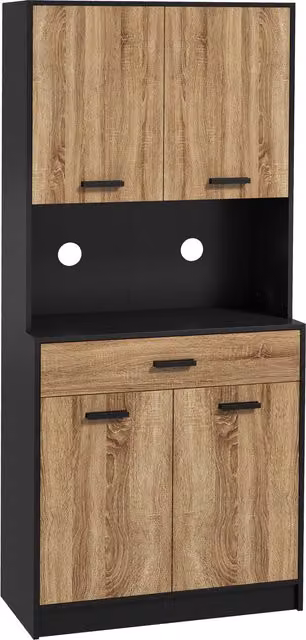 Credenza da cucina moderna HOMCOM in legno con 2 armadietti a ante e cassetto, Nero e color Legno, L 80 x P 40 x H 180 cm