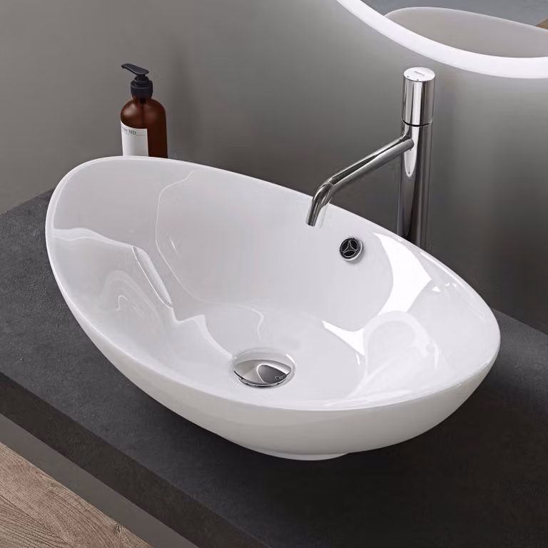doporro Lavabo Ovale da Appoggio in Vetroceramica Bianco Lucido 59 cm, Lavandino Bagno con Troppopieno Effetto Loto Brüssel818