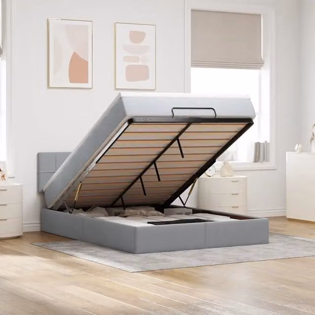 Letto con contenitore a sollevamento e materasso vidaXL in tessuto grigio e bianco L/P/H: 200 x 140 x 28 cm
