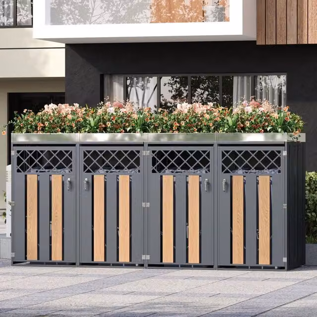 Copribidoni a quattro scomparti con fioriera integrata e porte ventilate in acciaio zincato grigio effetto legno