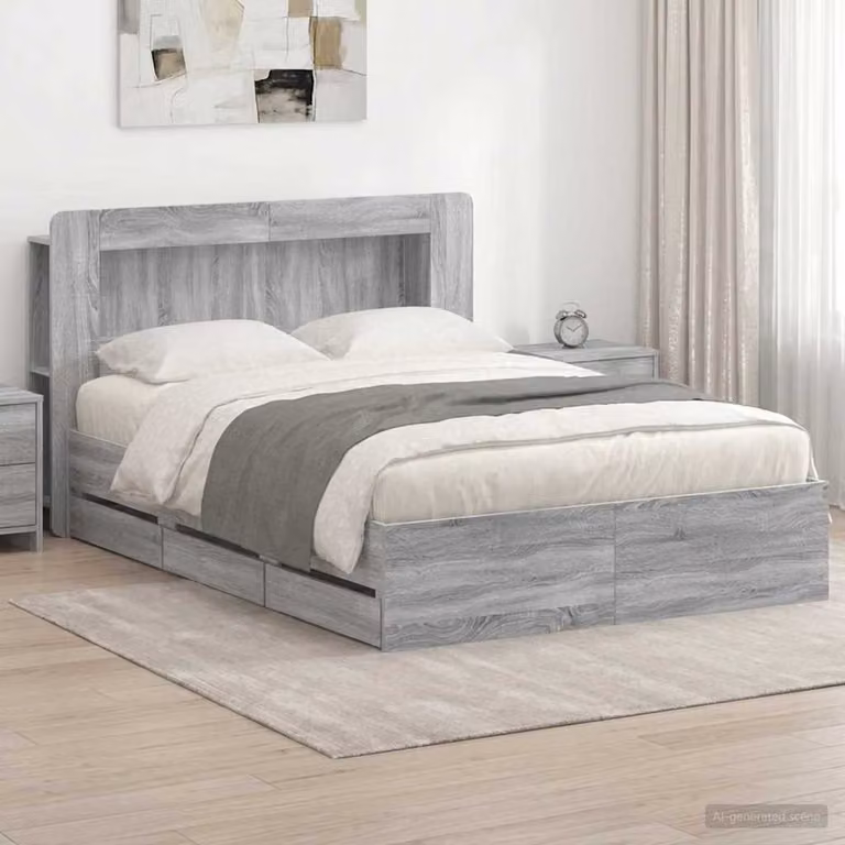 Struttura letto con contenitore e testata vidaXL in legno Sonoma grigio L/P/H: 221.5 x 160 x 100 cm