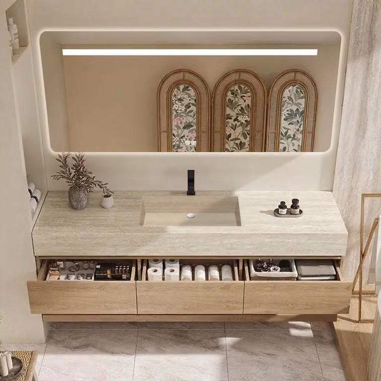 Set lavabo sospeso - Pietra sinterizzata - Effetto travertino, con specchio, mobile sottolavabo, ripiano e scarico, con foro per rubinetteria 110×55 cm【YT9865-110 K】