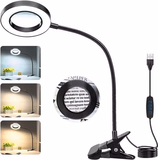 Lente d'ingrandimento regolabile Azomor con morsetto USB e illuminazione a LED per hobby e lavori manuali