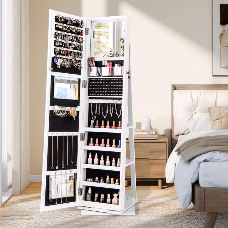 Costway Armadio Portagioie Girevole a 360 con Specchio a Figura Intera, Organizzatore di Gioielli Moderno Bianco Lucido