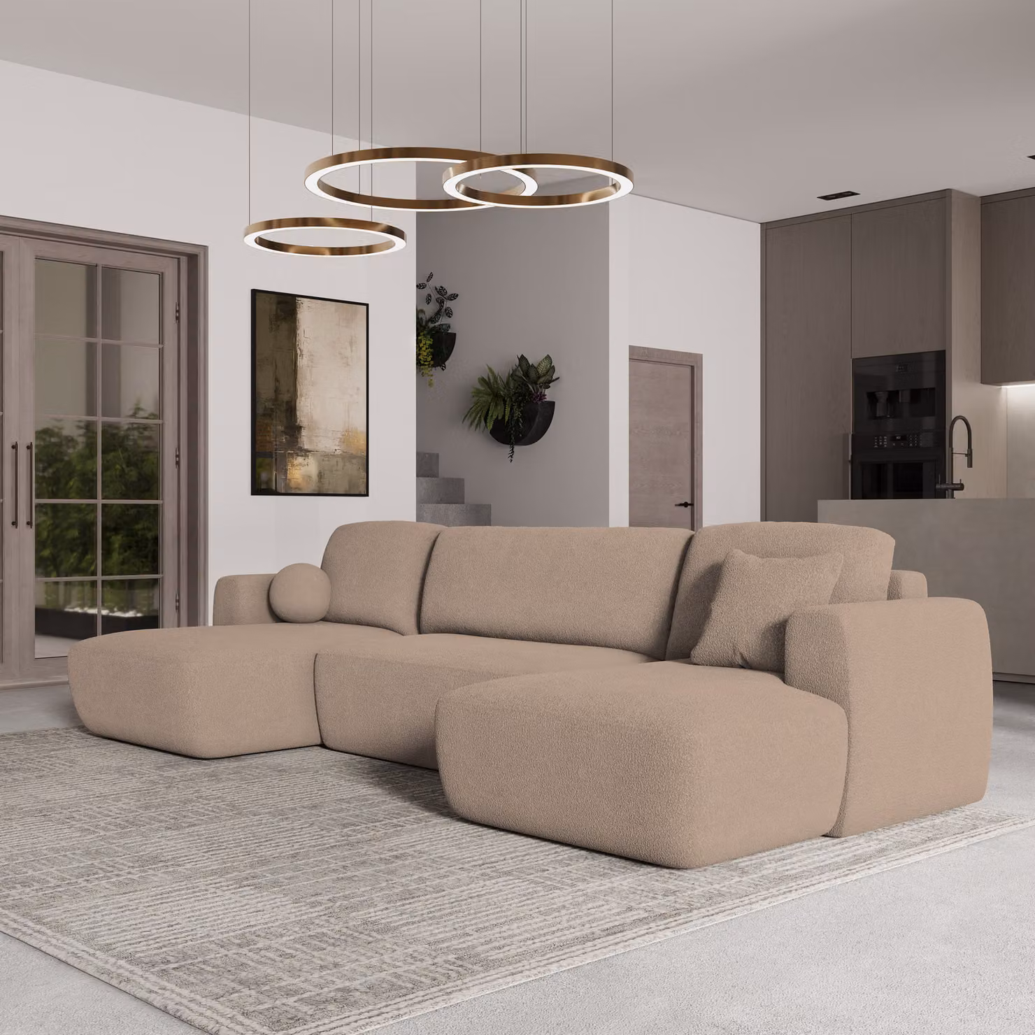 Divano angolare SENTUM N di Masseno con funzione letto a U, divano con box letto, divano da soggiorno, divano, divano letto, set di divani - beige, ORA O MAI PIÙ 05