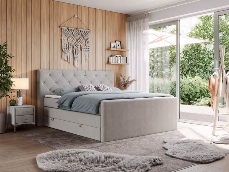 Letto matrimoniale con materasso Multipocket e coprimaterasso, letto boxspring con cassetti - KING VELEN - 200x200 cm - Beige - H4