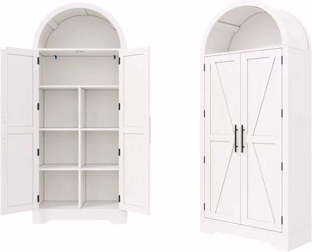 Vetrina alta in MDF bianco con ante in vetro e vano aperto, stile rustico moderno per cucina, soggiorno o ufficio, H: 170 cm, L: 70 cm, P: 35 cm