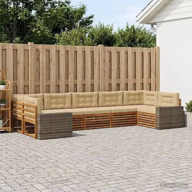 Set di divani da esterno a forma di U vidaXL in legno di acacia con cuscini, colore beige e marrone – 1