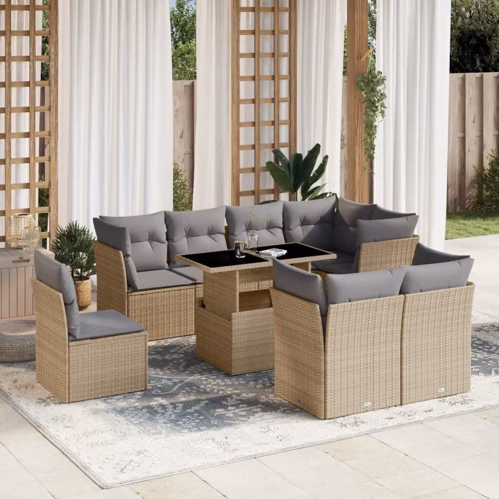Maison Exclusive - Set Divano da Giardino 9 pz con Cuscini Beige in Polyrattan