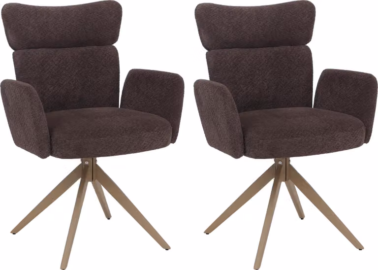 Set di 2 sedie da pranzo modello HWC-N11, sedia girevole con meccanismo di ritorno automatico, rivestita in tessuto bouclé (350g/m²), colore marrone scuro, gambe effetto legno