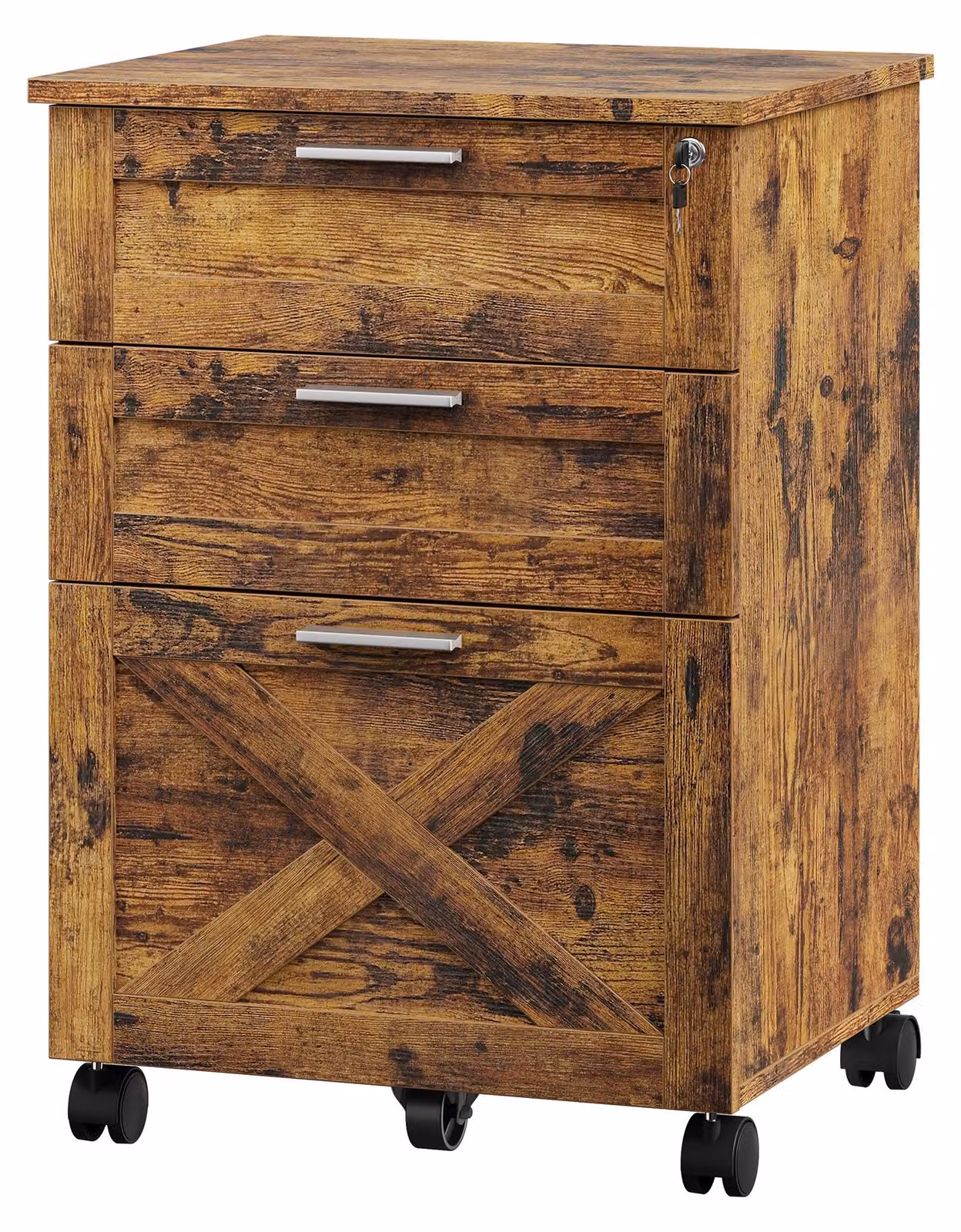 Contenitore mobile per ufficio su ruote, con 3 cassetti chiudibili a chiave e vano porta documenti A4, in stile rustico color marrone