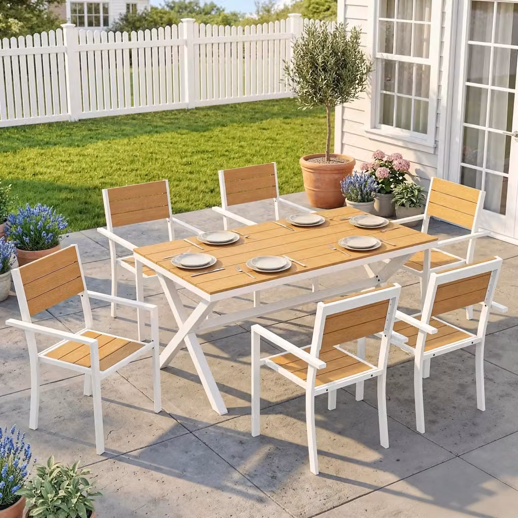 Set da giardino Komhtom composto da 7 pezzi con tavolo rettangolare e 6 sedie impilabili in alluminio e composito effetto legno marrone e bianco – 2