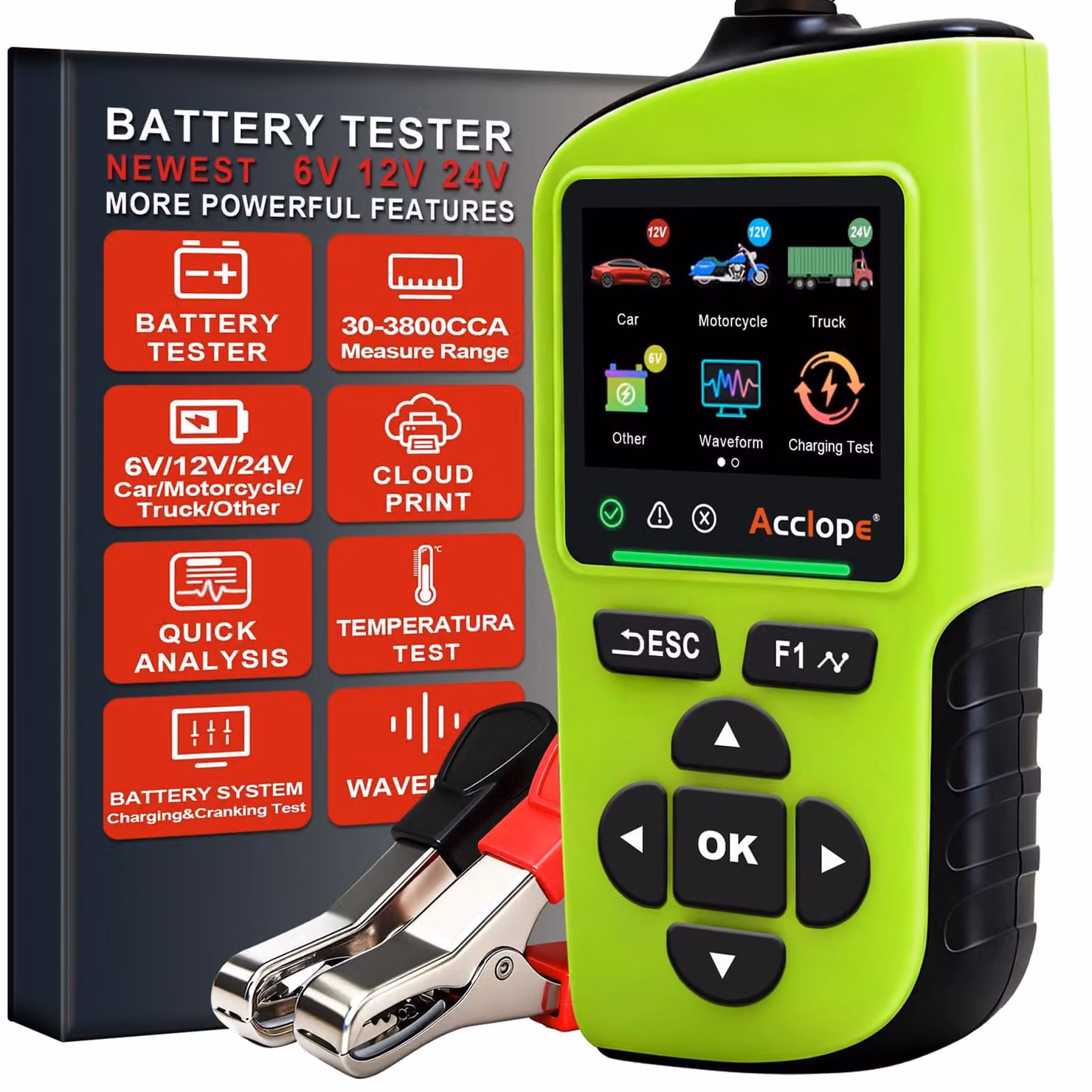 Accutester 6V/12V/24V - Capacità e test di avviamento - Dimensioni compatte: 7,9 x 2,8 x 15,1 cm