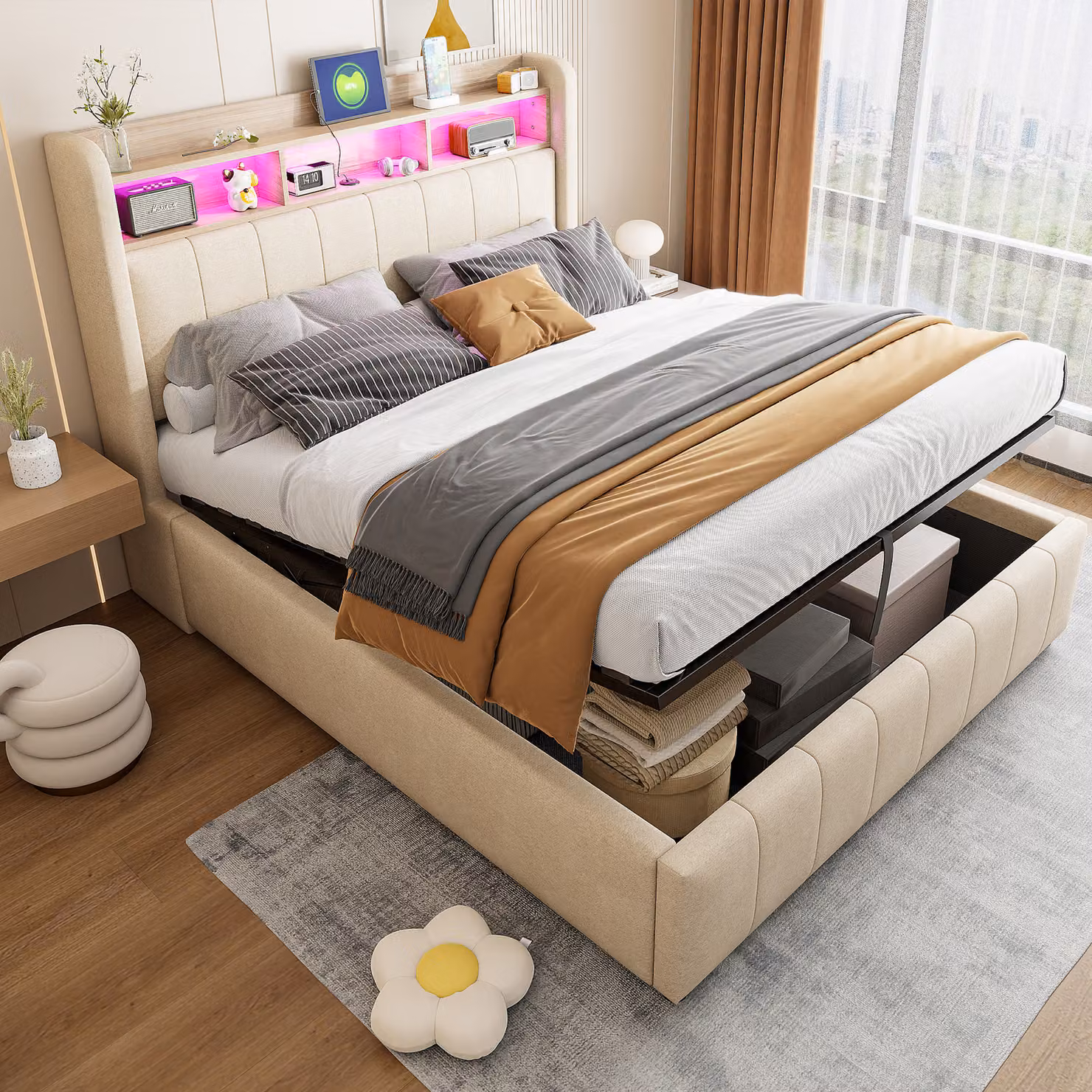 letto imbottito matrimoniale okwish, letto per adulti, 140*200cm con illuminazione a LED e presa USB, testata con ripiani e spazio di archiviazione, con sistema idraulico per l'archiviazione, tessuto di lino beige, senza materasso