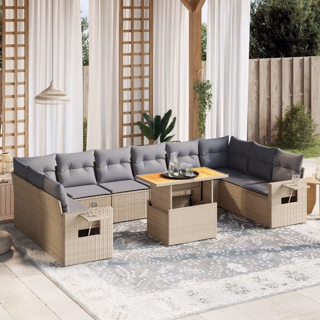 vidaXL Set Divani da Giardino 11 pz in Polyrattan con Cuscini Beige e Grigio per Terrazza e Giardino – 1