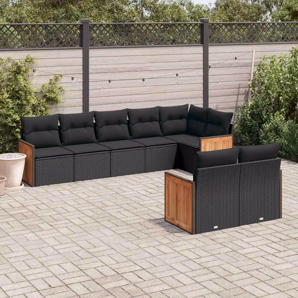 vidaXL Set Divani da Giardino a L con Cuscini 8 pz Nero in Polyrattan e Metallo – 1