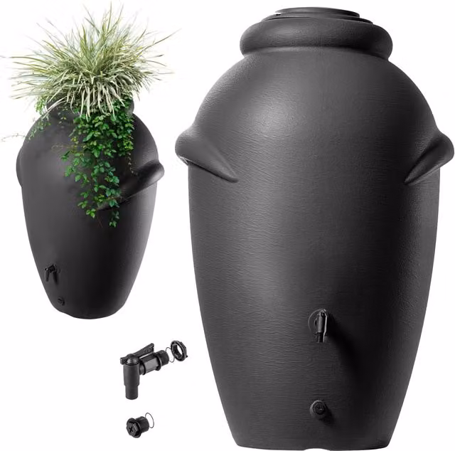 Serbatoio per acqua piovana KADAX 360L Contenitore per acqua a forma di barile + rubinetto Vaso da fiori Antracite