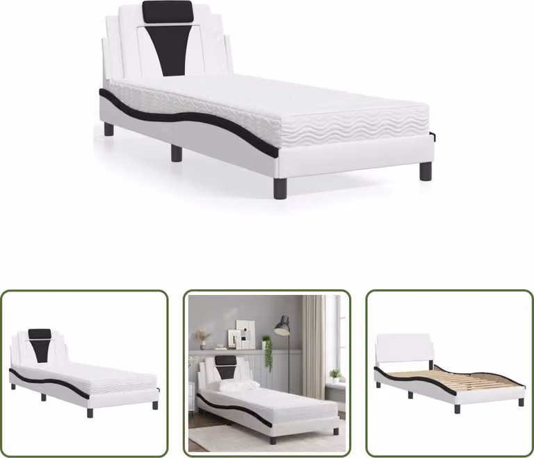 The Living Store Letto con materasso bianco e nero 90x190 cm in ecopelle