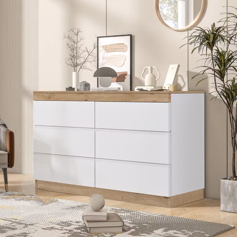 okwish Cassettiera con molto spazio, armadio a 6 cassetti, armadio a cassetti per il soggiorno, 110 x 40 x 67,5 cm, truciolato E1, bianco + rovere