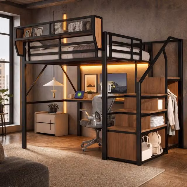 Letto a soppalco 140x200 cm con scrivania lunga; LED e scaffale regolabile in metallo nero