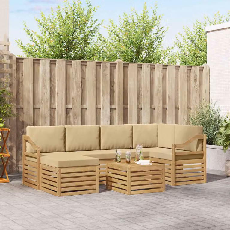 Set di divani da esterno vidaXL 7 pz in legno di acacia con cuscini Bianco e Beige