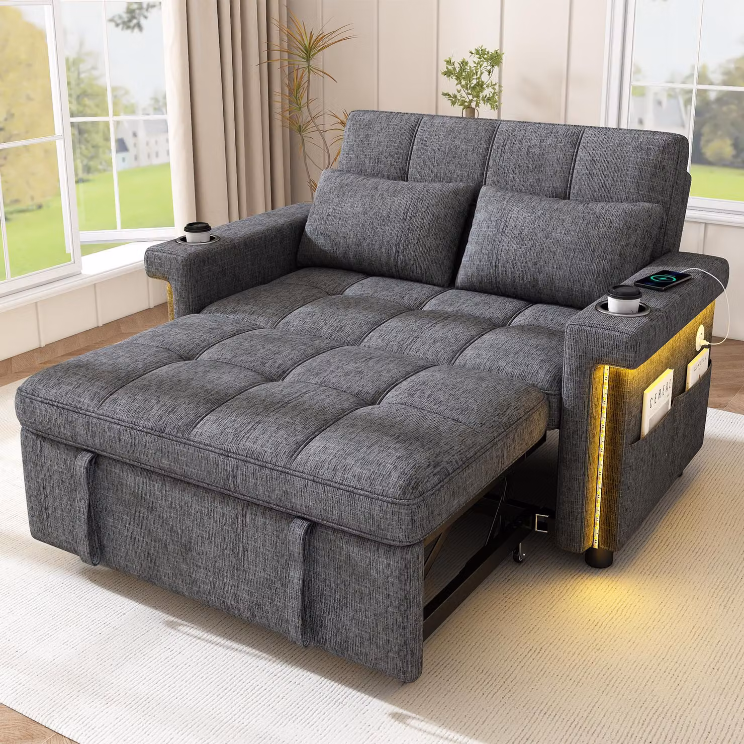 Divano letto 2 posti Merax con illuminazione LED, porta USB Type-C, schienale regolabile in 3 posizioni, portabicchieri, tasche laterali, 2 cuscini, tessuto in chenille, colore grigio