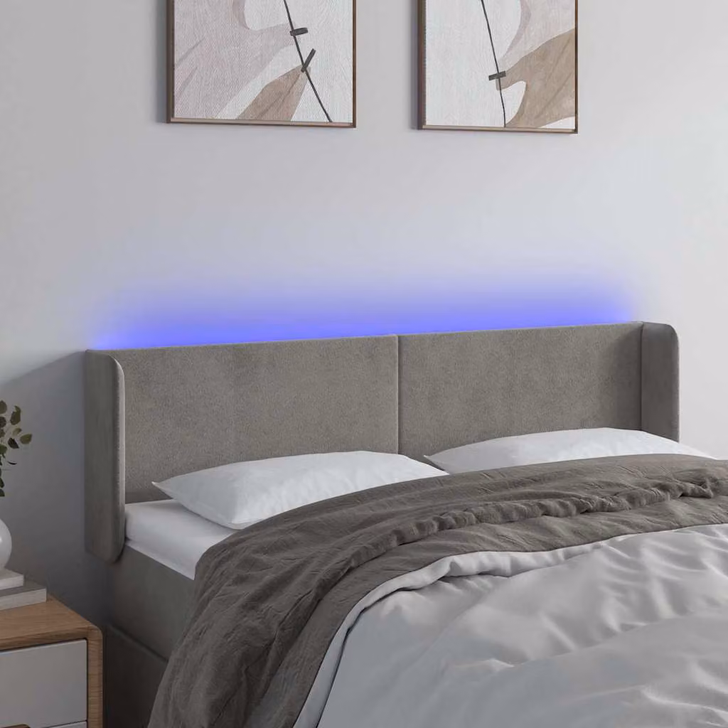 Testiera per letto vidaXL in velluto grigio chiaro con illuminazione LED e porta di ricarica USB, L: 147 cm, P: 16 cm, H: 78-88 cm